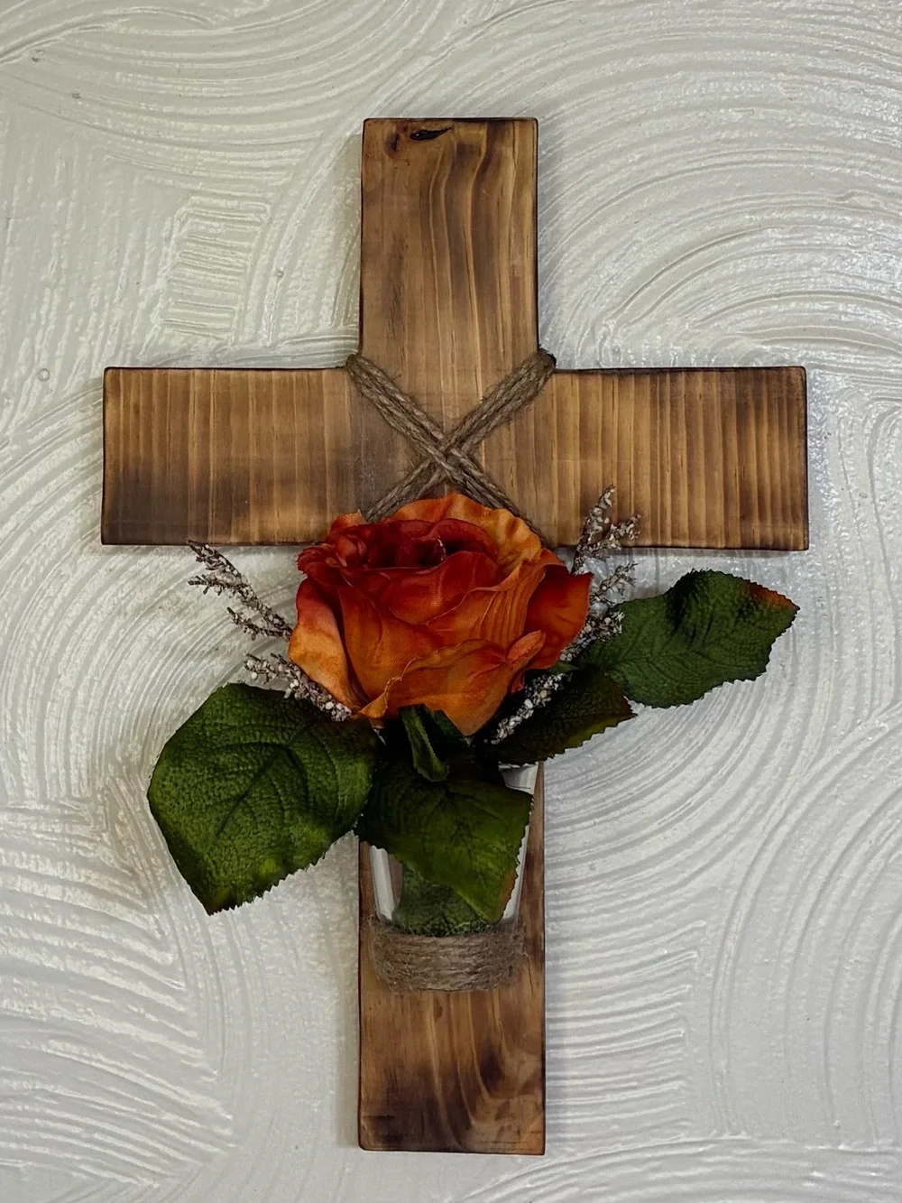 Handcrafted Wooden Wall Cross with Orange Rose Faux Floral Accent